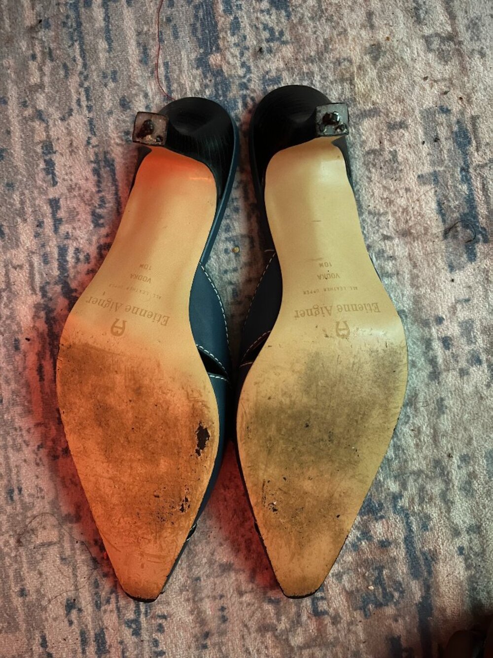 VINTAGE Etienne Aigner Teal Blue Leather Lace-Up Kitten Heel Mules - Picture 6 of 6